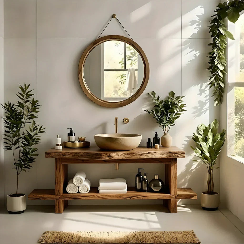 Live Edge Solid Wood Bathroom Vanity with Open Shelf – Handmade - Rustiracraft 