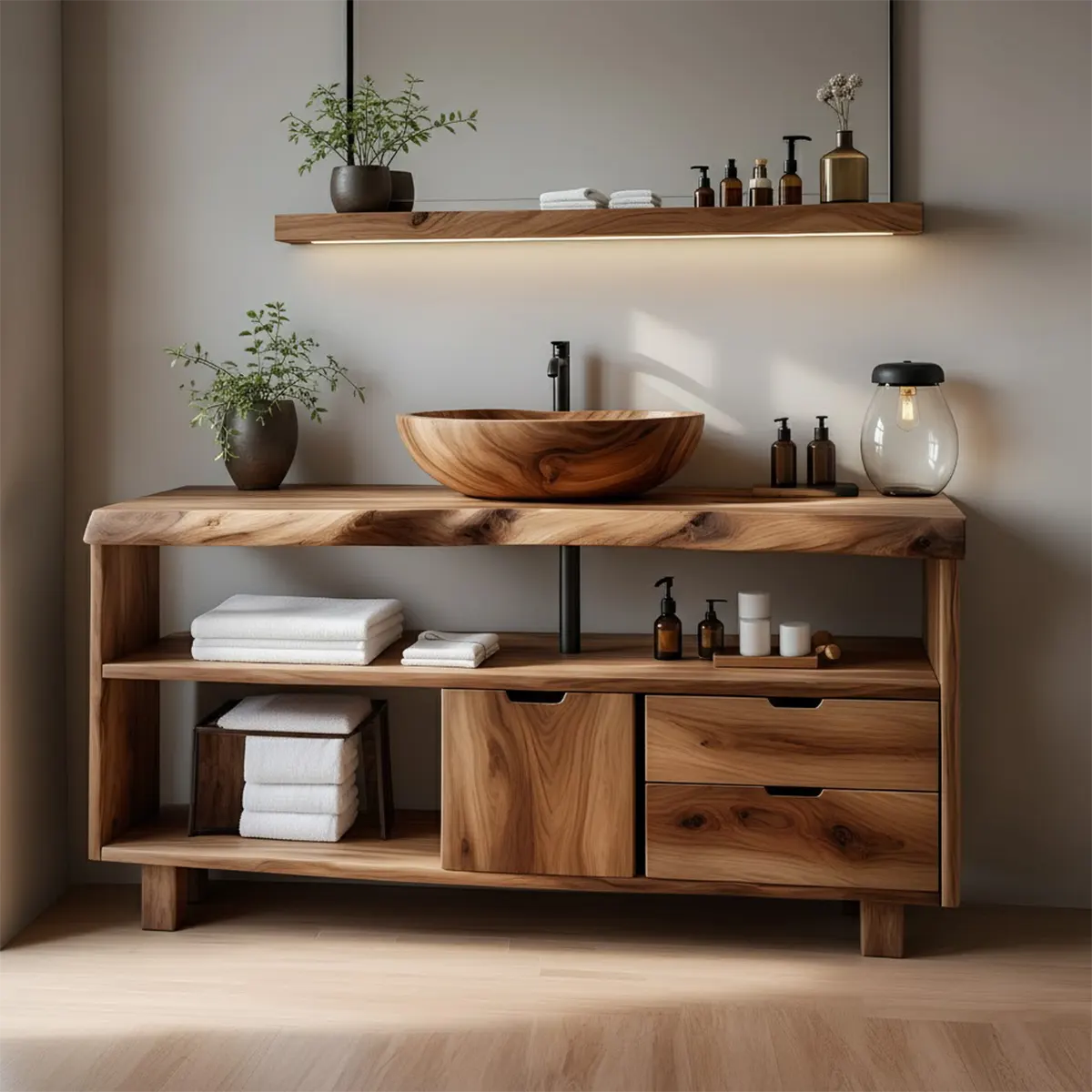 Live Edge Solid Wood Bathroom Vanity with Open Shelves & Drawers - Rustiracraft 