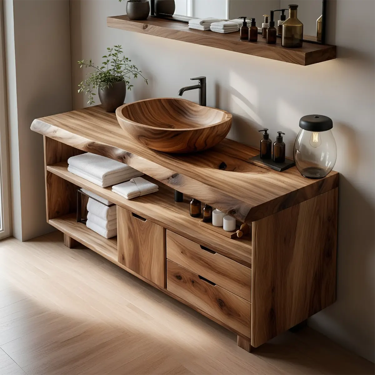 Live Edge Solid Wood Bathroom Vanity with Open Shelves & Drawers - Rustiracraft 
