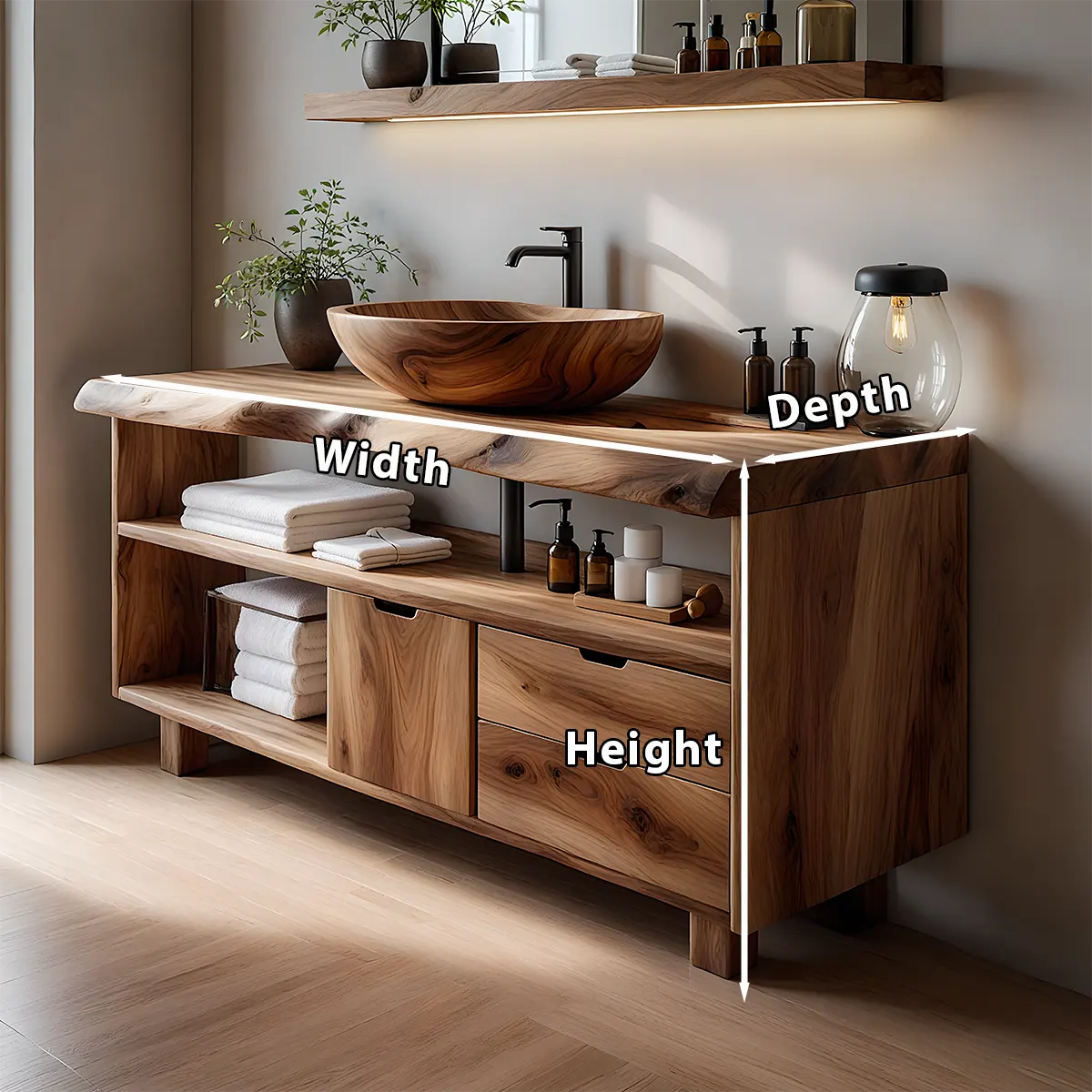 Live Edge Solid Wood Bathroom Vanity with Open Shelves & Drawers - Rustiracraft 