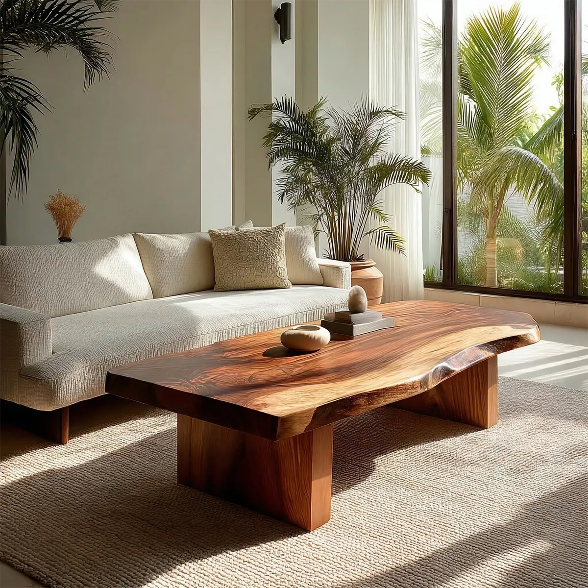 Live Edge Solid Wood Coffee Table with Thick Slab Top and Block Base - Rustiracraft 