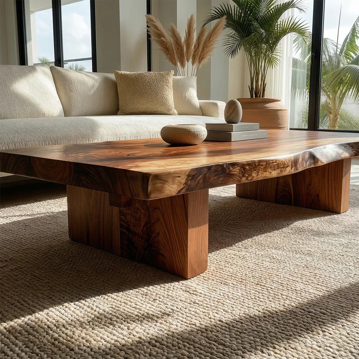 Live Edge Solid Wood Coffee Table with Thick Slab Top and Block Base - Rustiracraft 