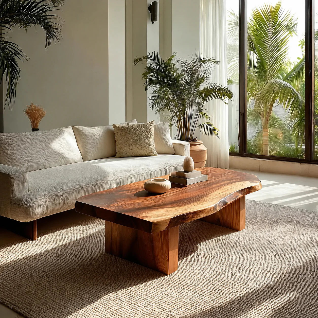 Live Edge Solid Wood Coffee Table with Thick Slab Top and Block Base - Rustiracraft