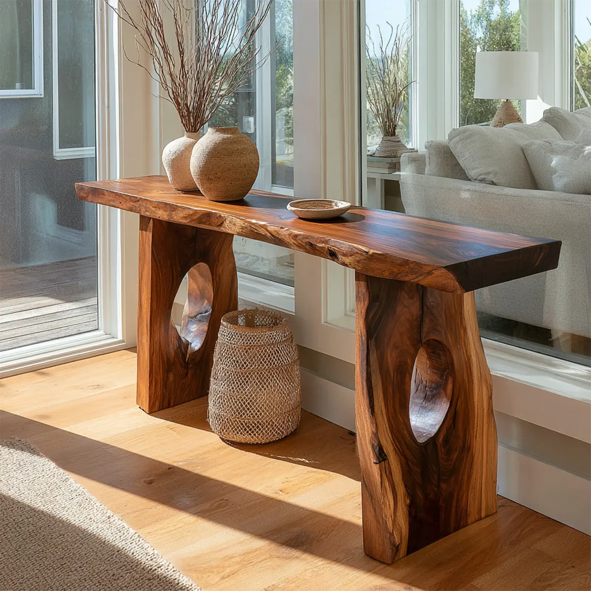Live Edge Solid Wood Console Table with Sculptural Organic Base - Rustiracraft