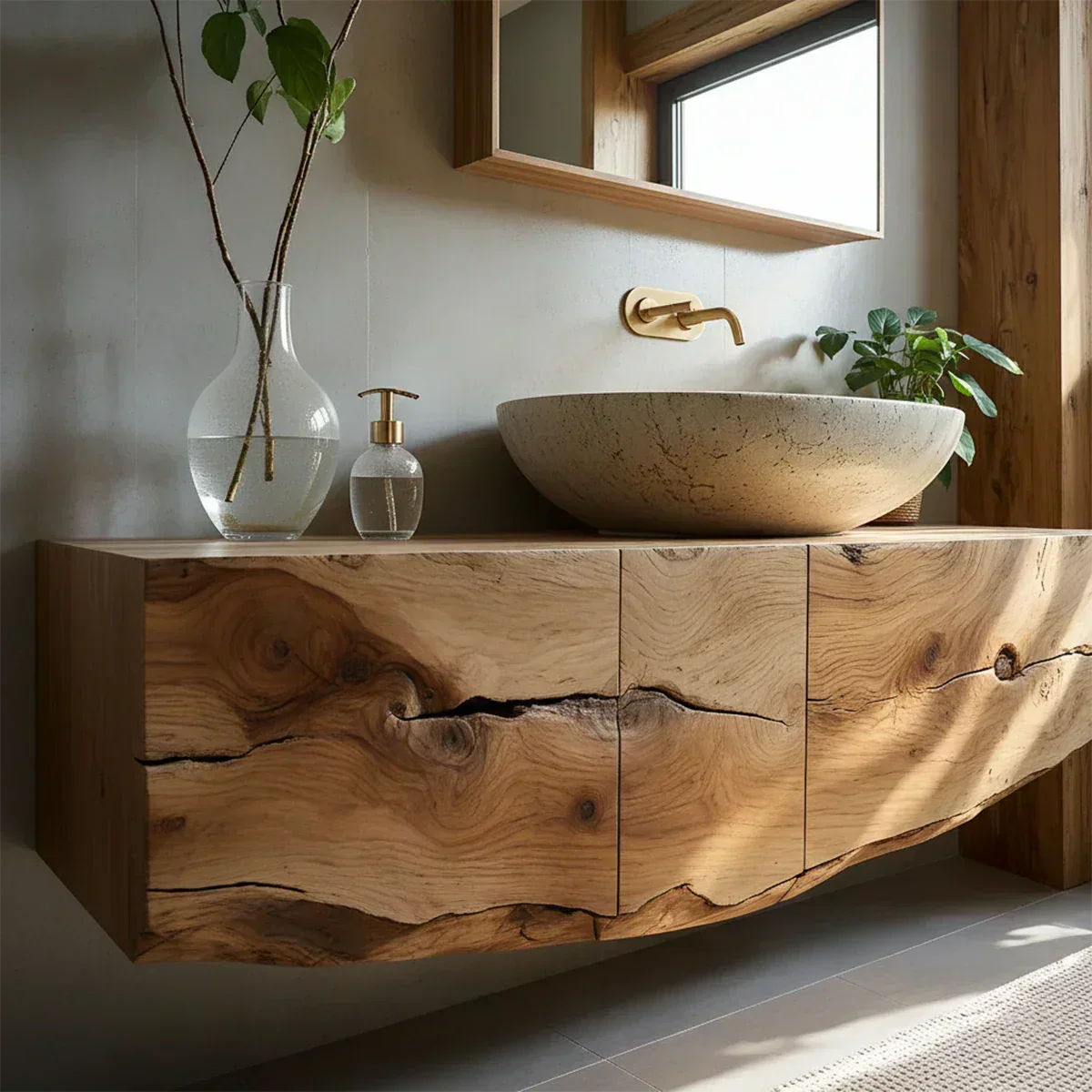 Live Edge Solid Wood Floating Vanity with Stone Basin - Rustiracraft 