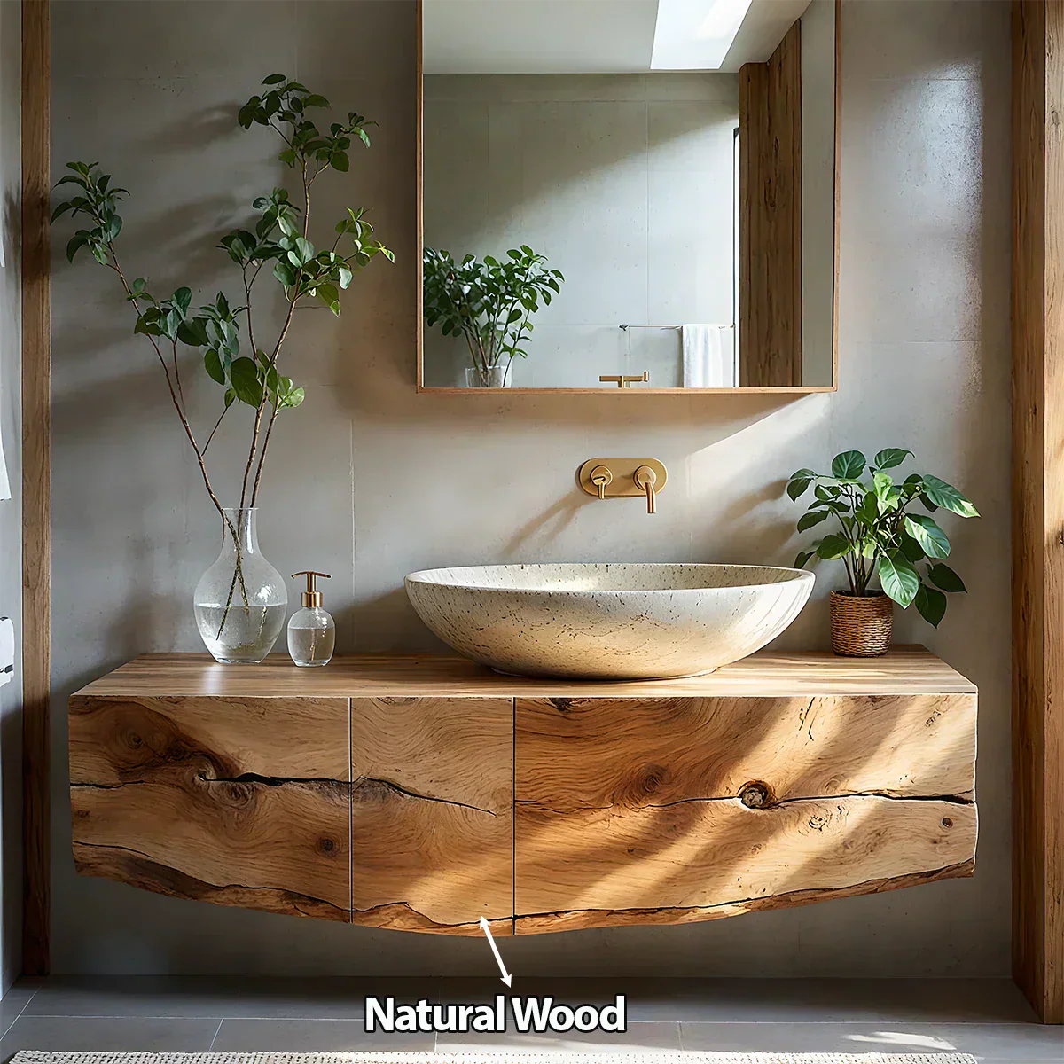 Live Edge Solid Wood Floating Vanity with Stone Basin - Rustiracraft 