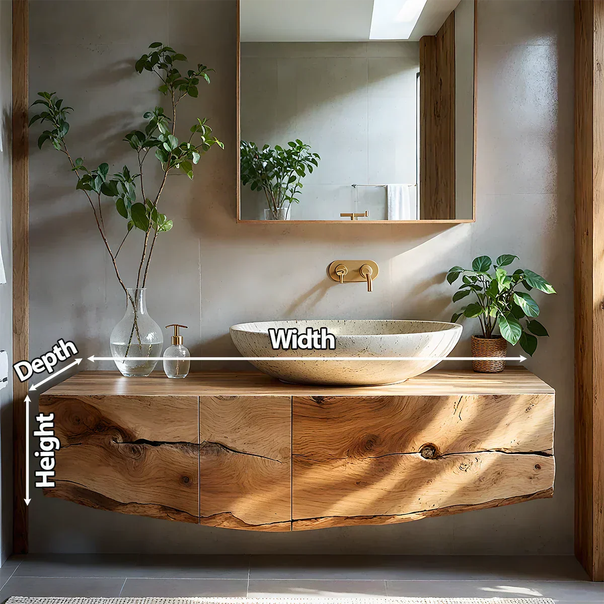 Live Edge Solid Wood Floating Vanity with Stone Basin - Rustiracraft 