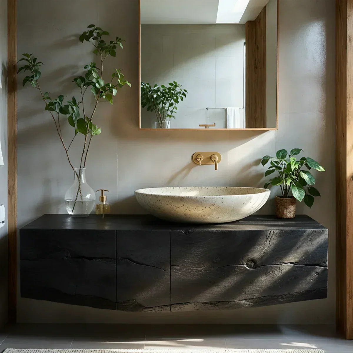Live Edge Solid Wood Floating Vanity with Stone Basin - Rustiracraft 