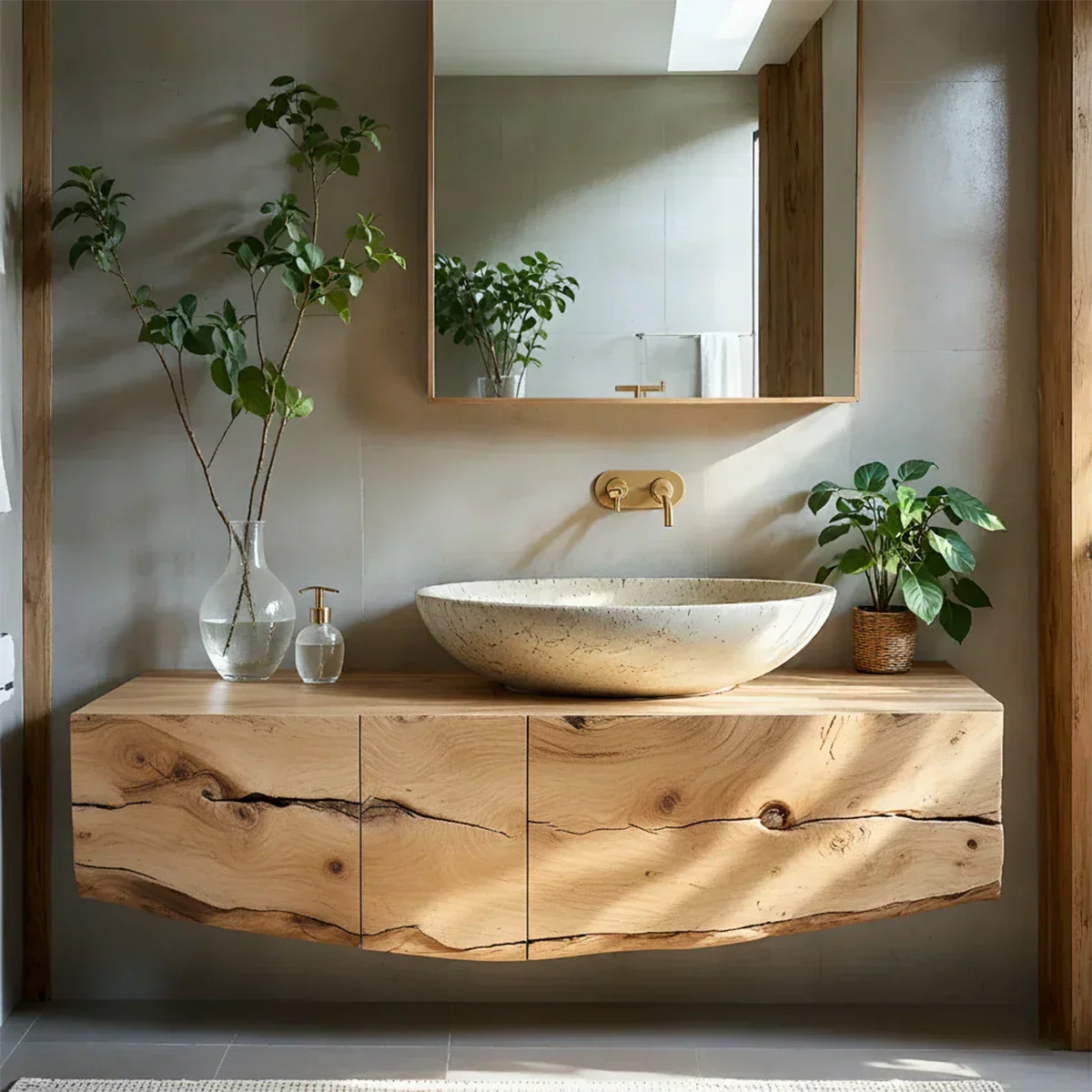Live Edge Solid Wood Floating Vanity with Stone Basin - Rustiracraft 