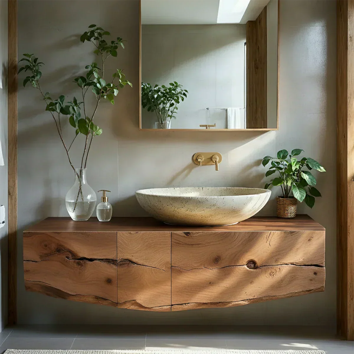 Live Edge Solid Wood Floating Vanity with Stone Basin - Rustiracraft 
