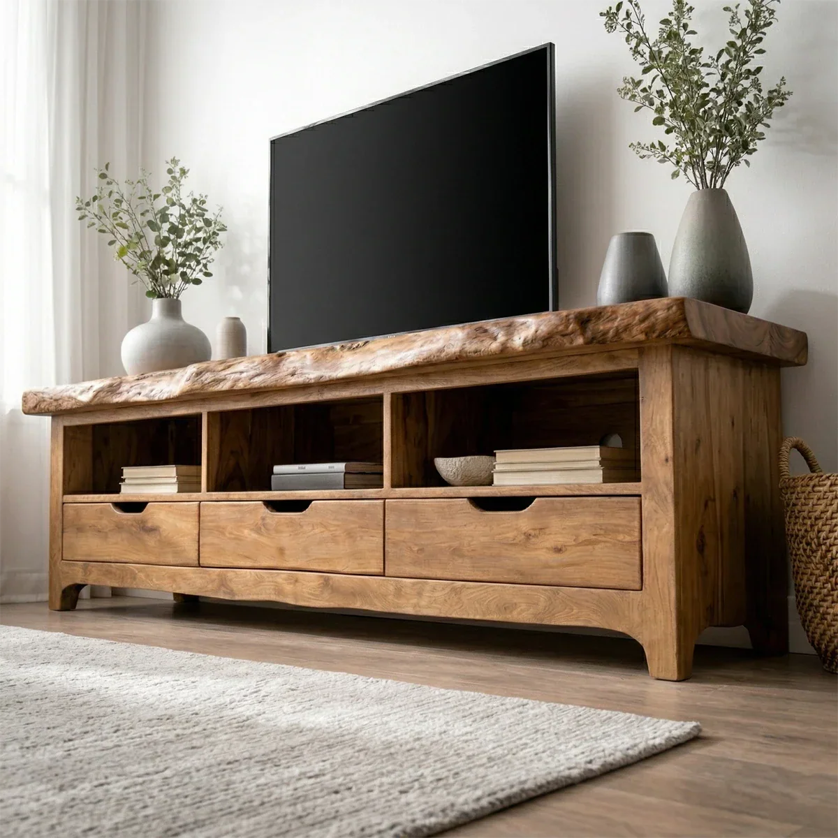 Live Edge Solid Wood TV Stand with Drawers and Open Storage - Rustiracraft 