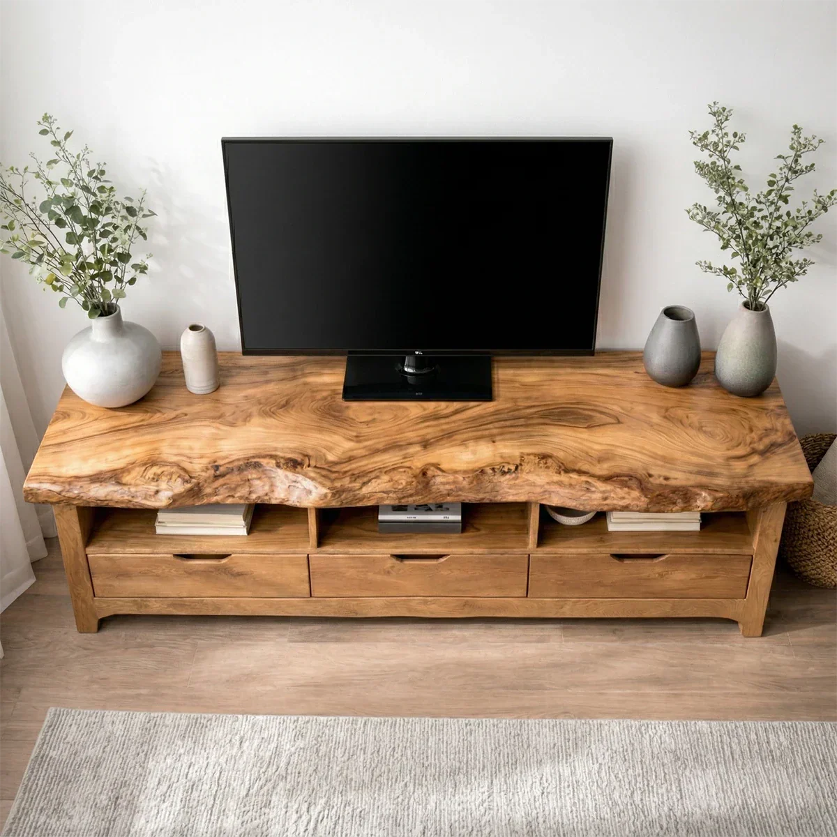 Live Edge Solid Wood TV Stand with Drawers and Open Storage - Rustiracraft 