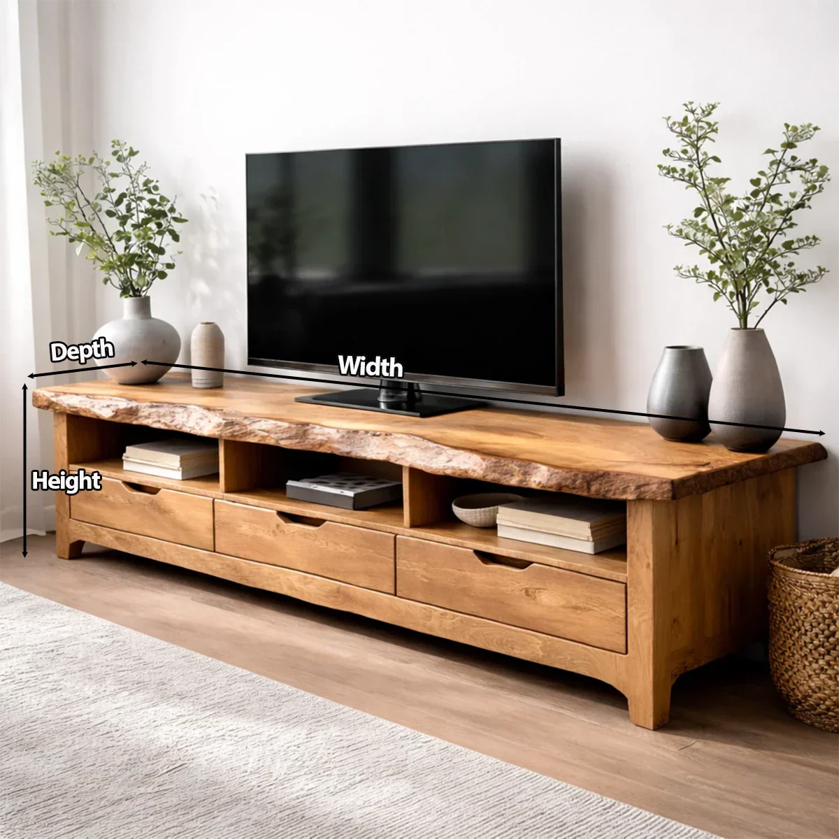 Live Edge Solid Wood TV Stand with Drawers and Open Storage - Rustiracraft 