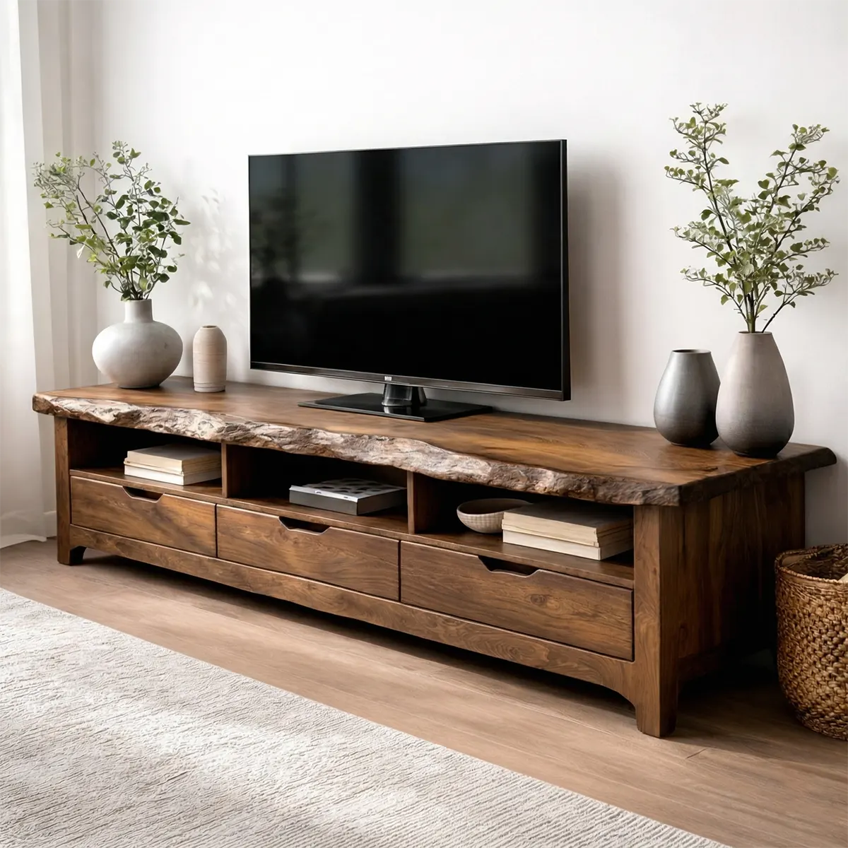 Live Edge Solid Wood TV Stand with Drawers and Open Storage - Rustiracraft 