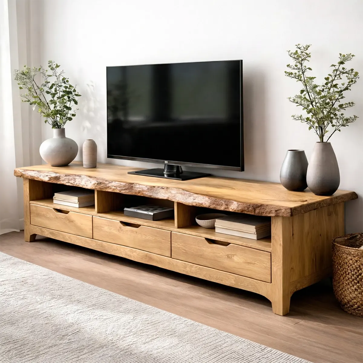 Live Edge Solid Wood TV Stand with Drawers and Open Storage - Rustiracraft 