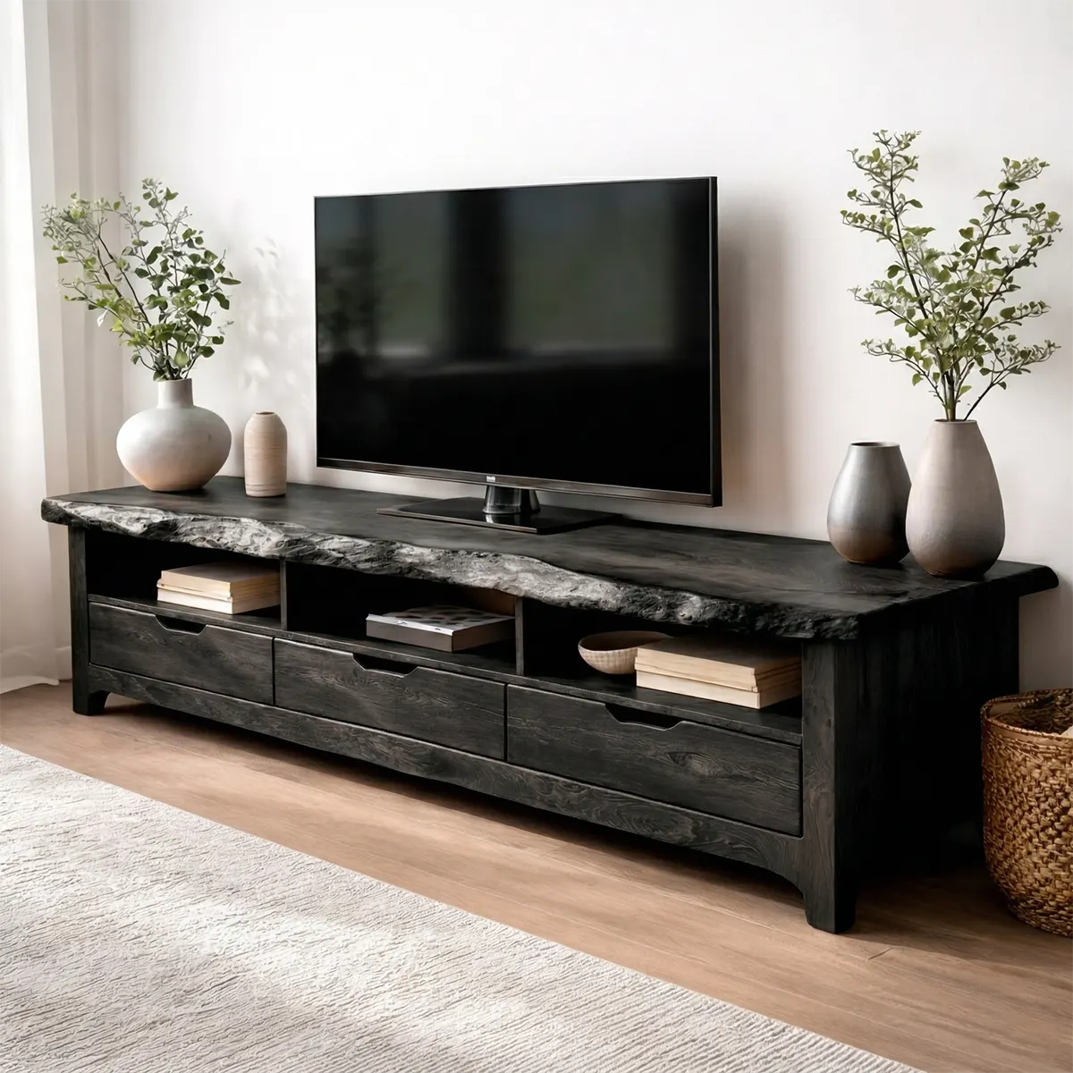Live Edge Solid Wood TV Stand with Drawers and Open Storage - Rustiracraft 