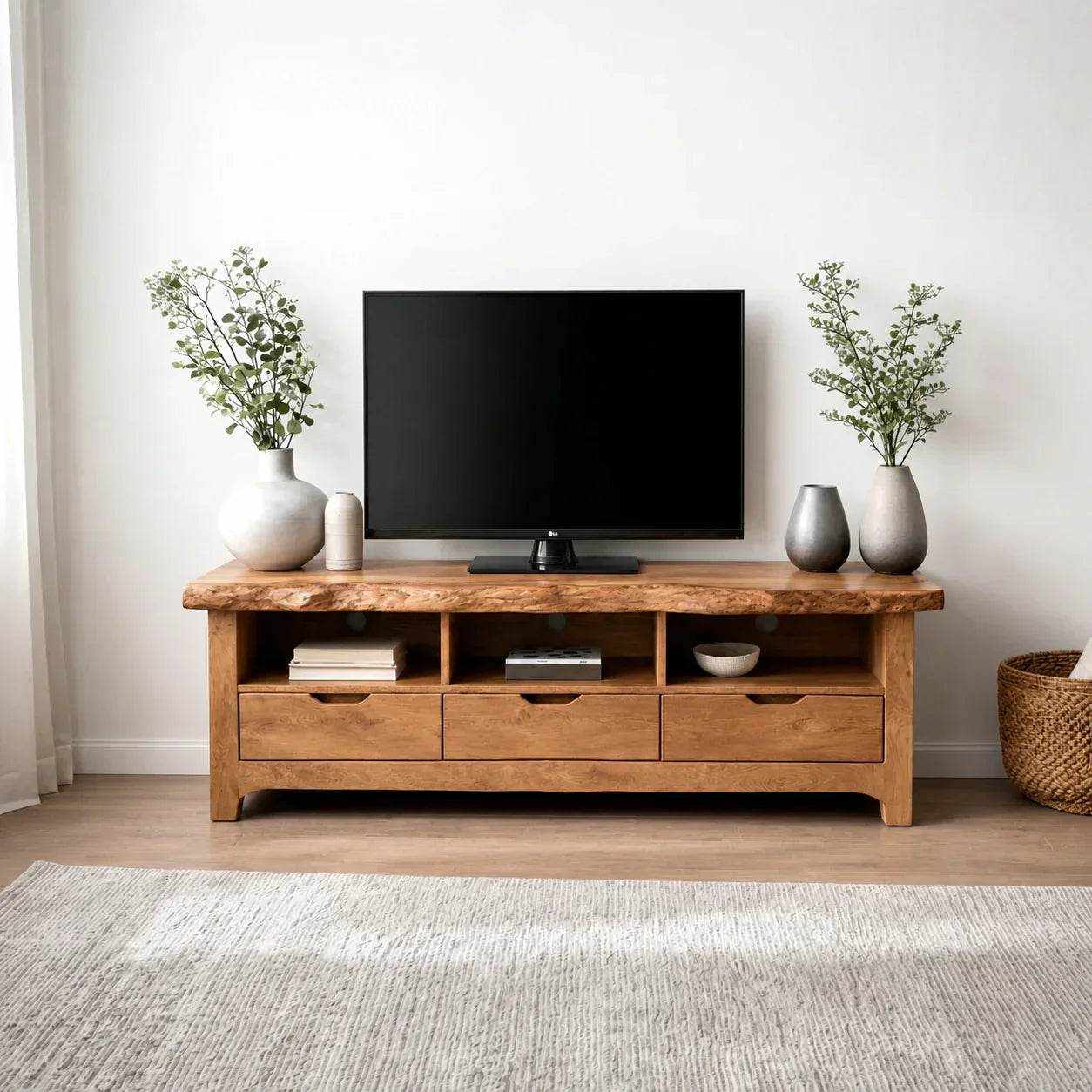 Live Edge Solid Wood TV Stand with Drawers and Open Storage - Rustiracraft