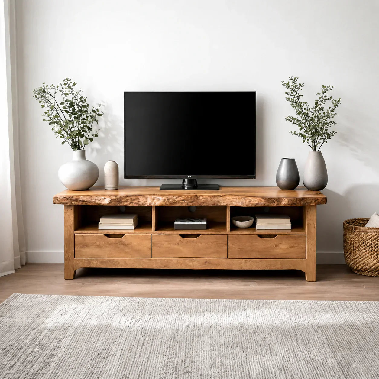 Live Edge Solid Wood TV Stand with Drawers and Open Storage - Rustiracraft