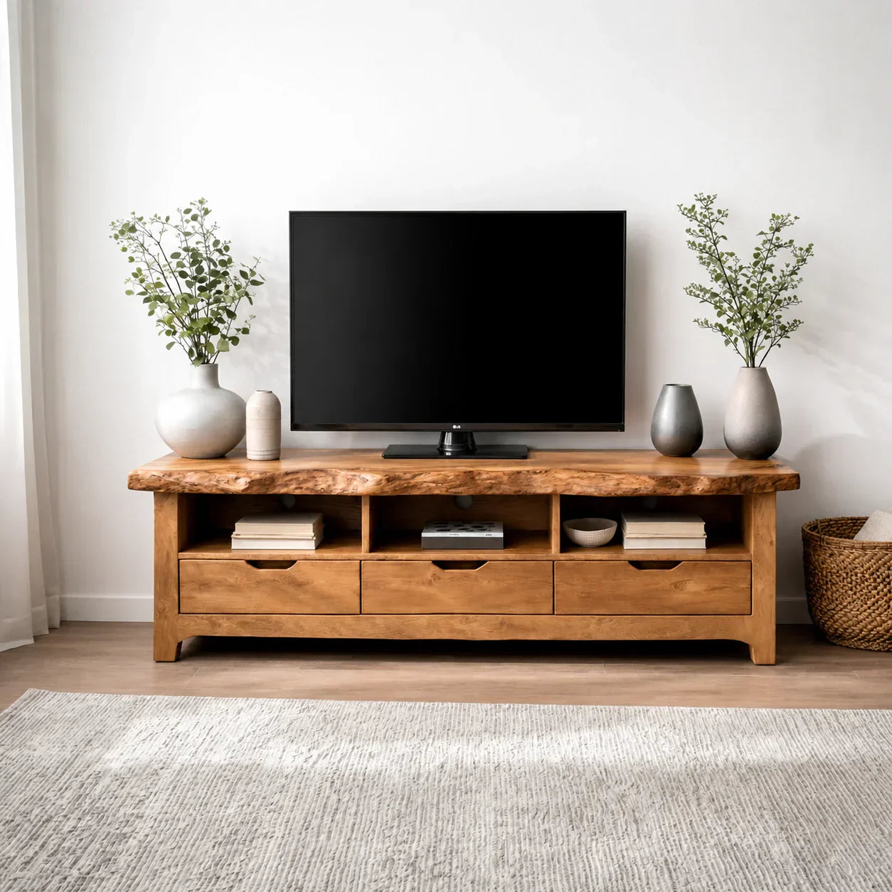 Live Edge Solid Wood TV Stand with Drawers and Open Storage - Rustiracraft