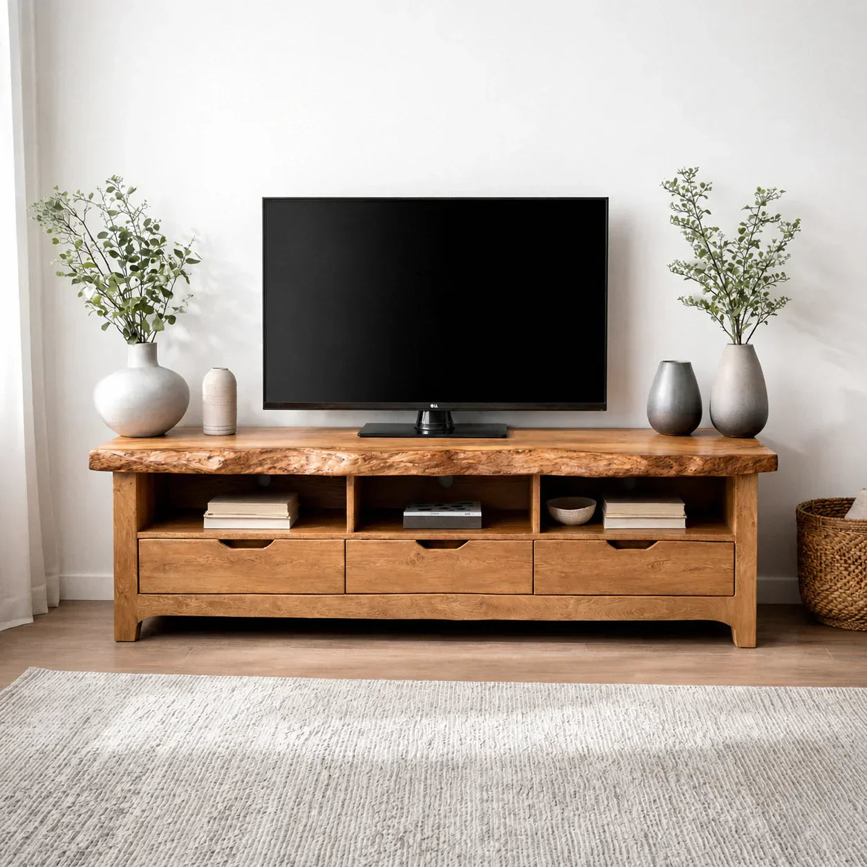 Live Edge Solid Wood TV Stand with Drawers and Open Storage - Rustiracraft