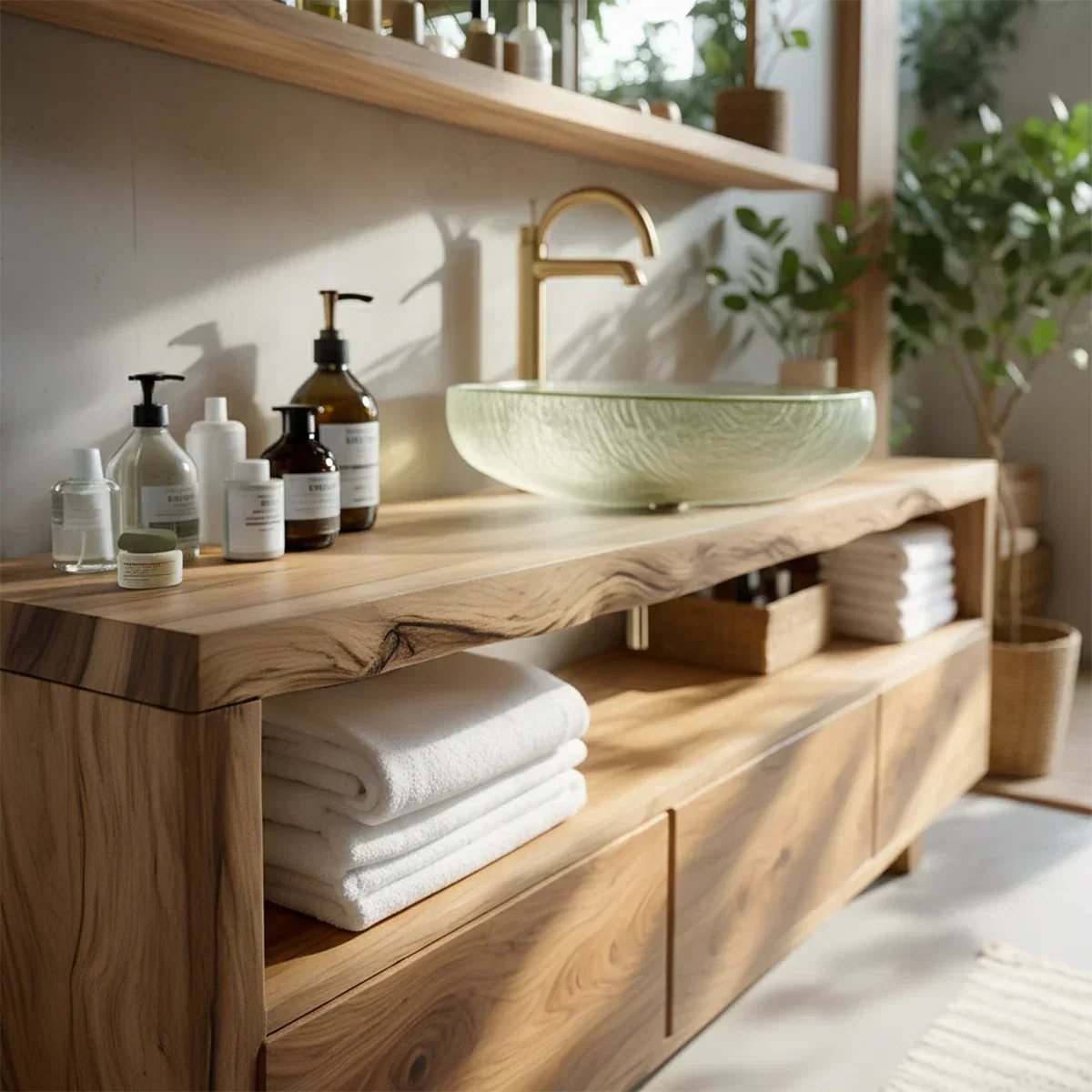 Live Edge Solid Wood Vanity with Storage – Japandi Spa Bathroom Console - Rustiracraft 