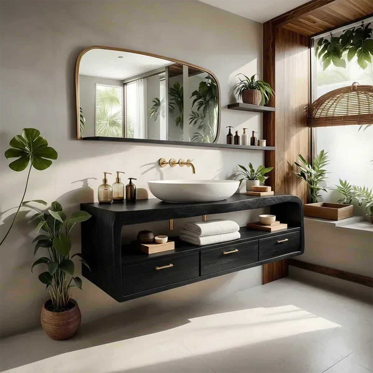 Live-Edge Walnut Finish Floating Bathroom Vanity - Solid Wood Bathroom Cabinet - Rustiracraft 