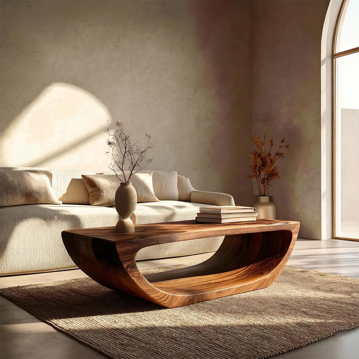 Long Sculptural Hollow Coffee Table in Organic Modern Natural Solid Wood - Rustiracraft 