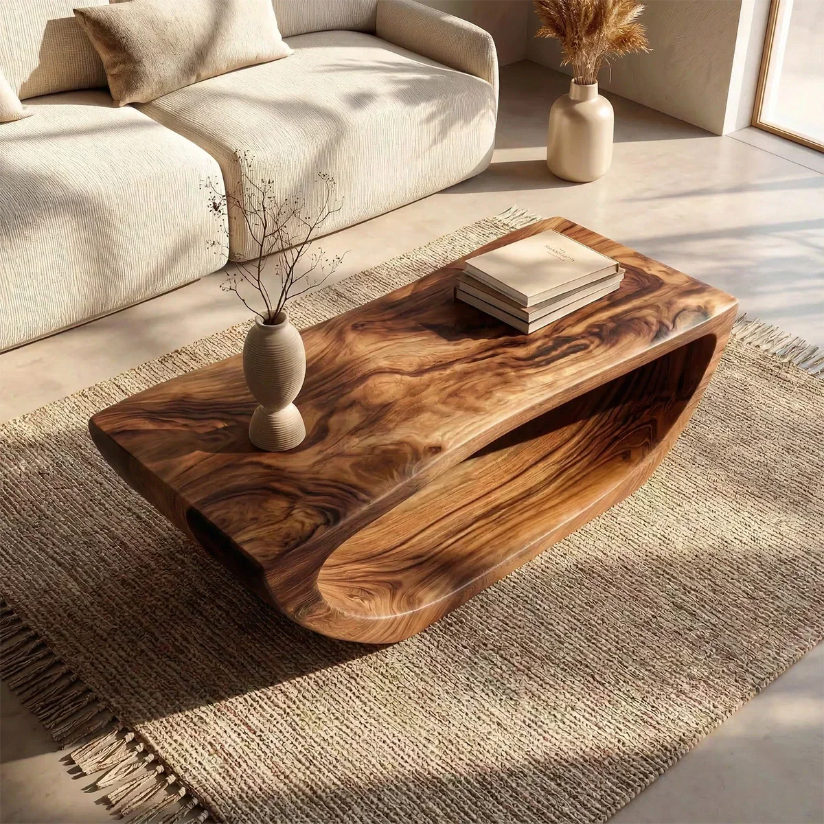 Long Sculptural Hollow Coffee Table in Organic Modern Natural Solid Wood - Rustiracraft 