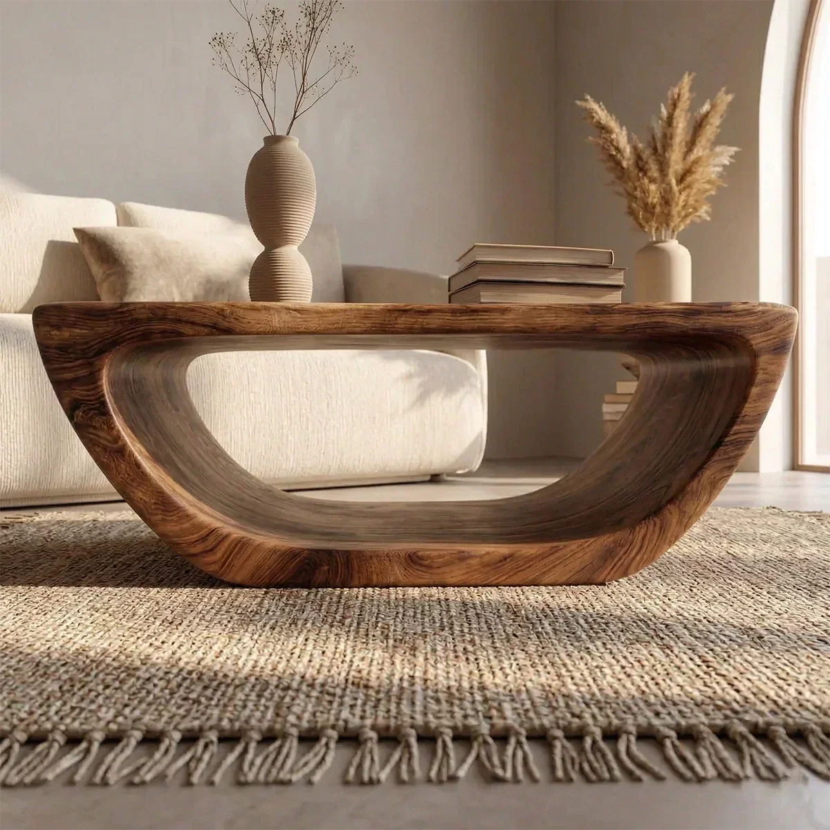 Long Sculptural Hollow Coffee Table in Organic Modern Natural Solid Wood - Rustiracraft 