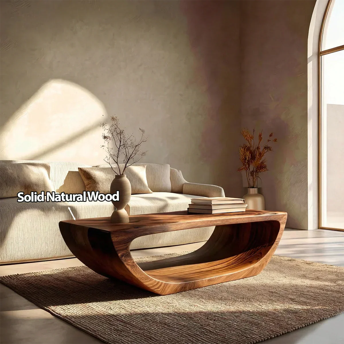 Long Sculptural Hollow Coffee Table in Organic Modern Natural Solid Wood - Rustiracraft 