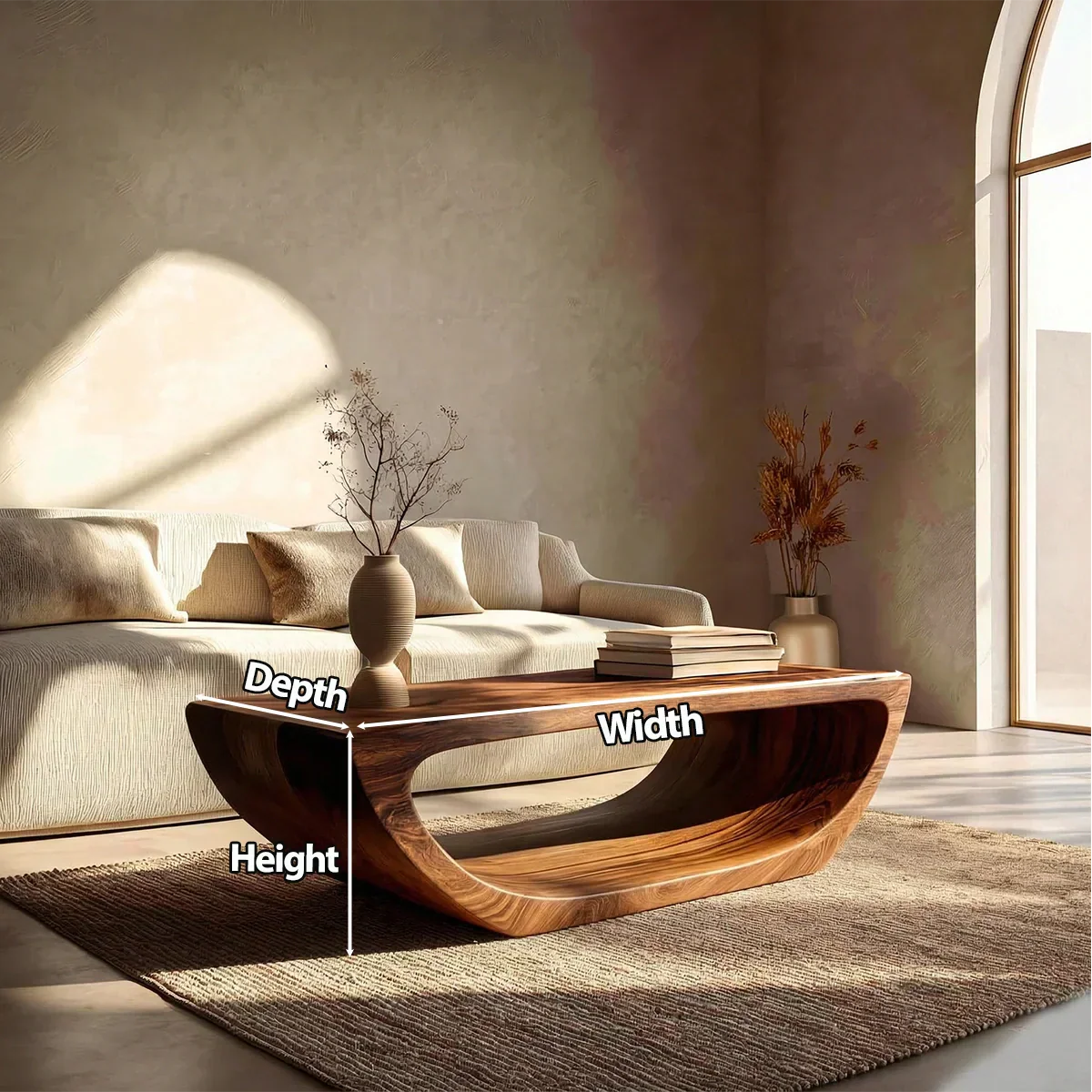 Long Sculptural Hollow Coffee Table in Organic Modern Natural Solid Wood - Rustiracraft 