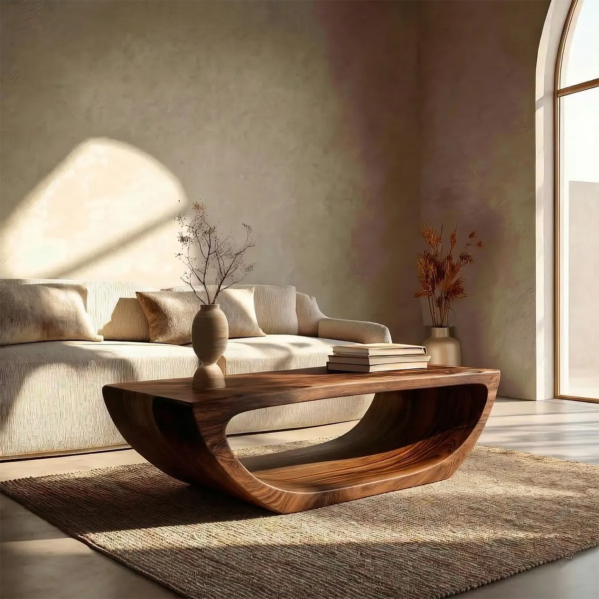 Long Sculptural Hollow Coffee Table in Organic Modern Natural Solid Wood - Rustiracraft 