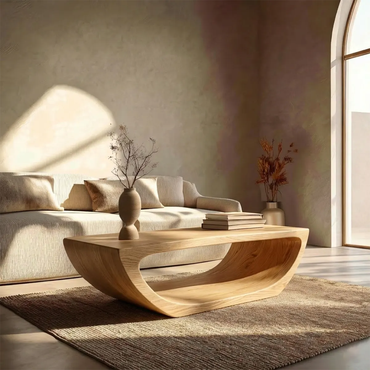 Long Sculptural Hollow Coffee Table in Organic Modern Natural Solid Wood - Rustiracraft 