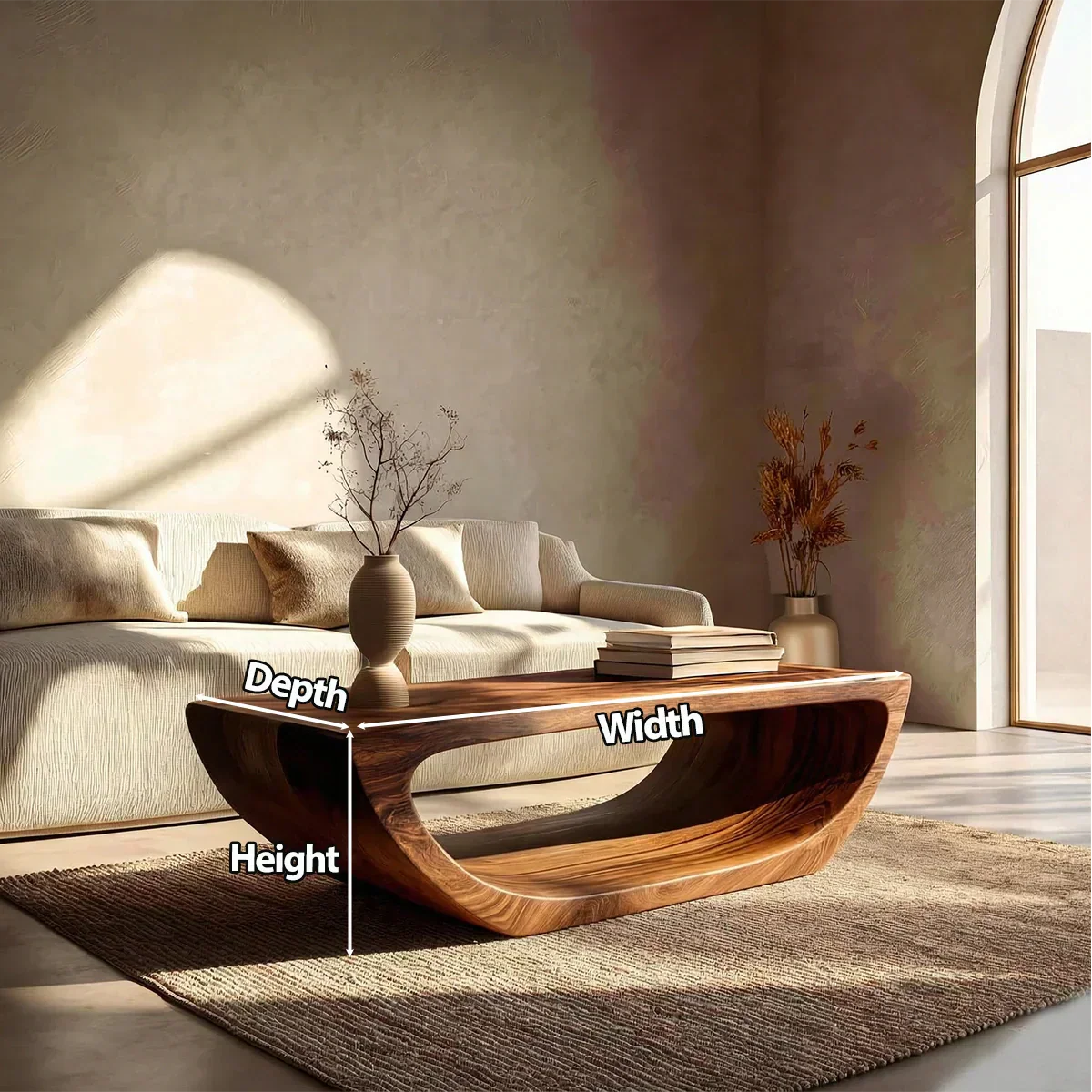 Long Sculptural Hollow Coffee Table in Organic Modern Natural Solid Wood - Rustiracraft