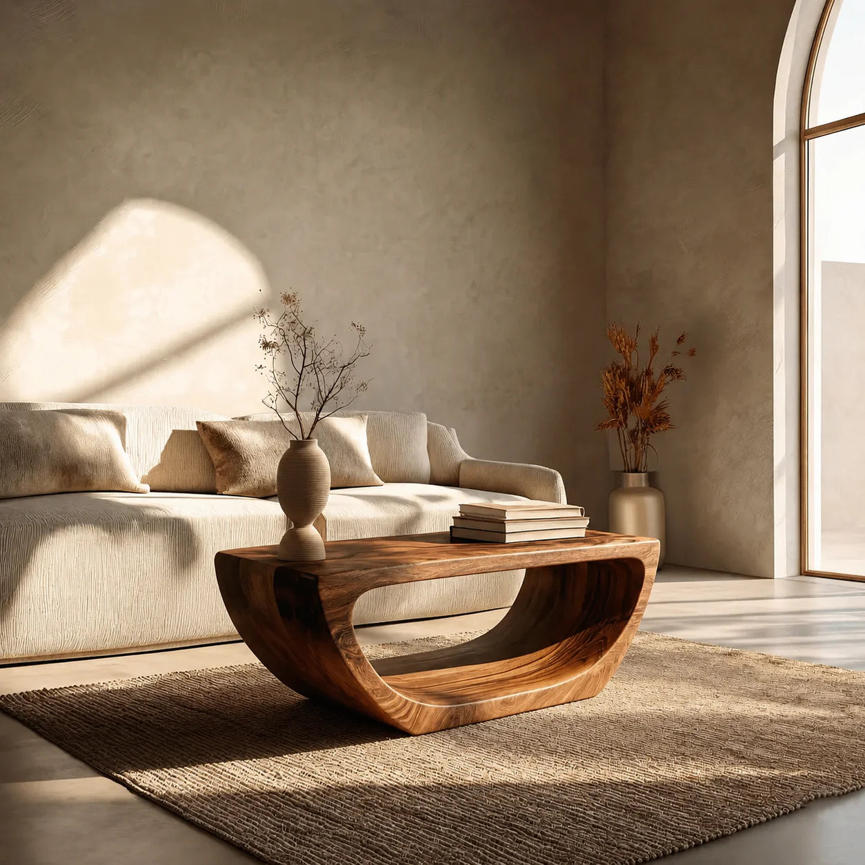 Long Sculptural Hollow Coffee Table in Organic Modern Natural Solid Wood - Rustiracraft