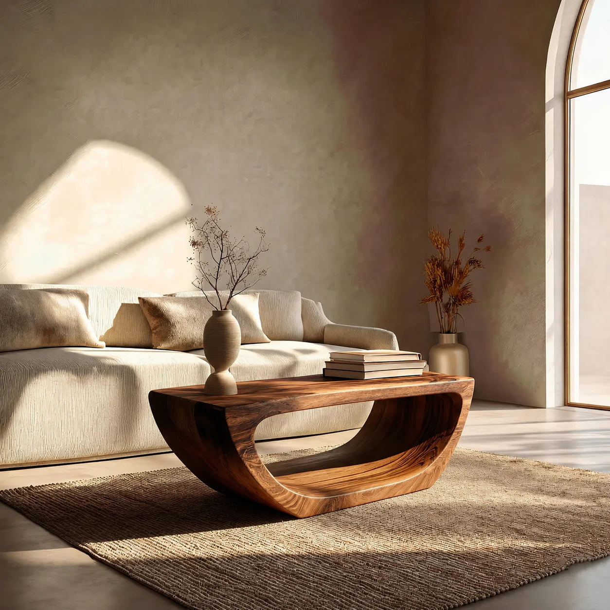 Long Sculptural Hollow Coffee Table in Organic Modern Natural Solid Wood - Rustiracraft