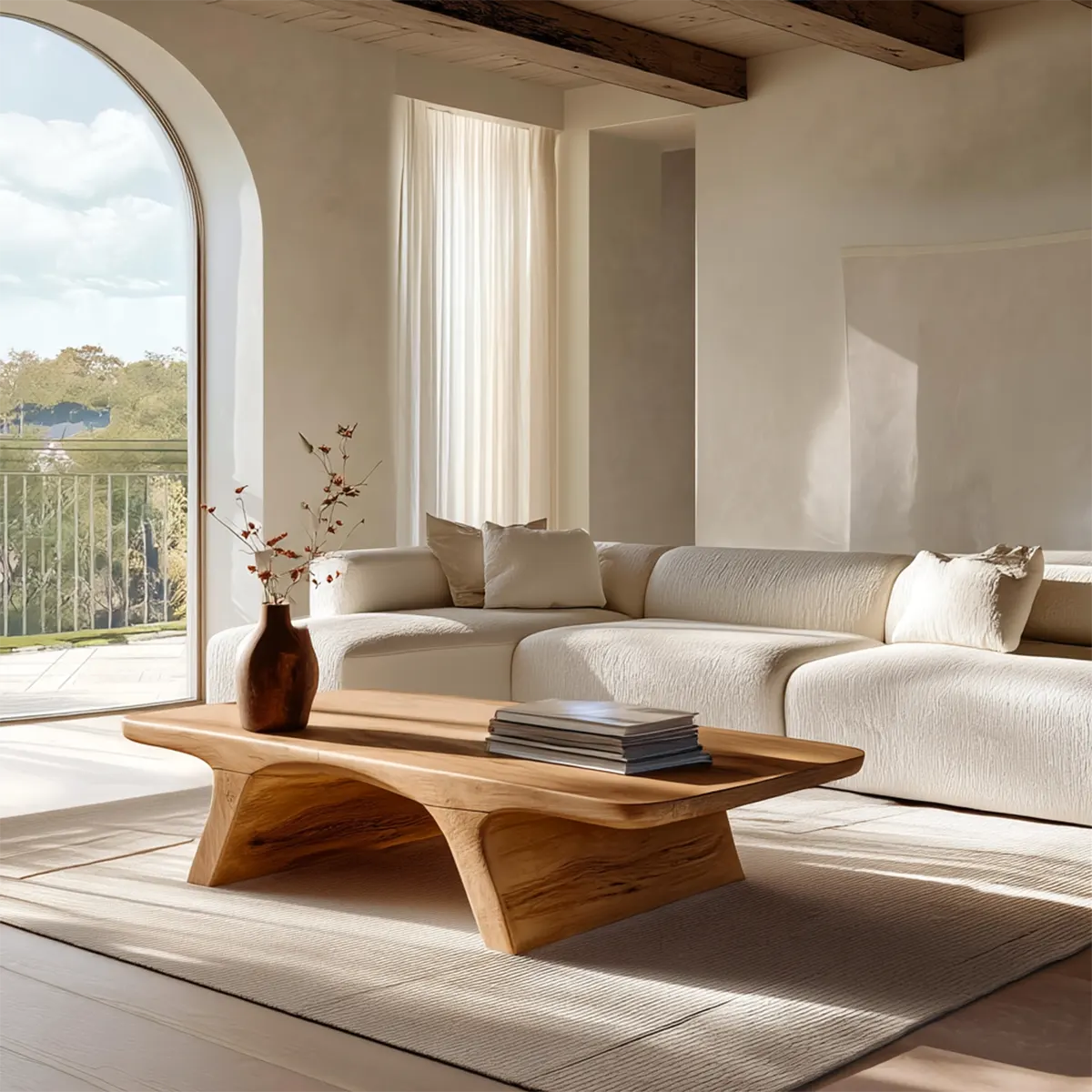 Low Profile Natural Solid Wood Coffee Table with Sculptural Base - Rustiracraft 