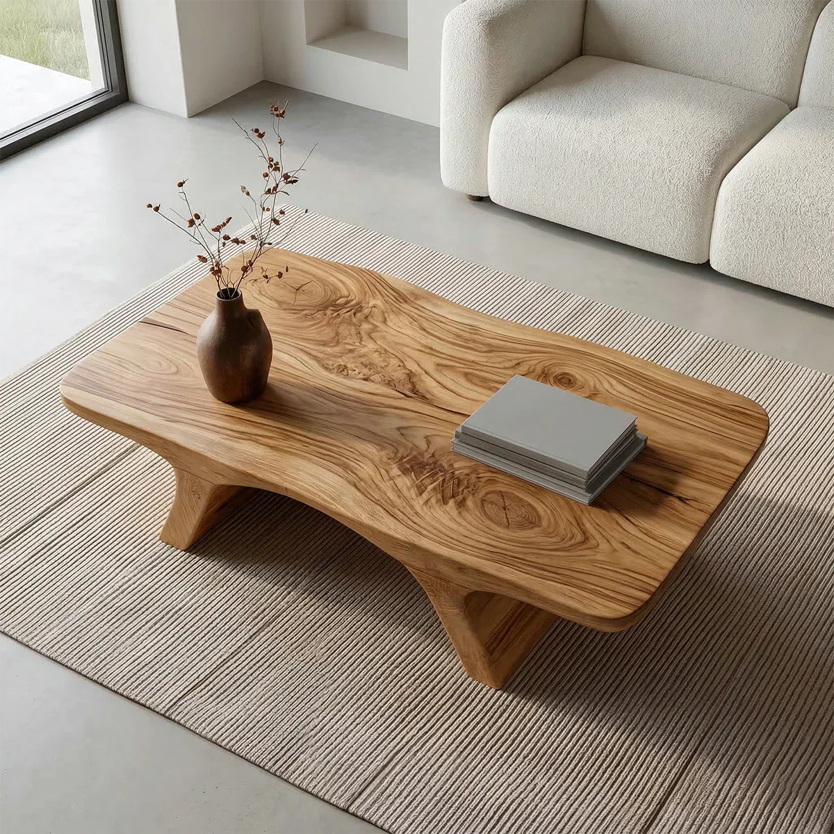 Low Profile Natural Solid Wood Coffee Table with Sculptural Base - Rustiracraft 