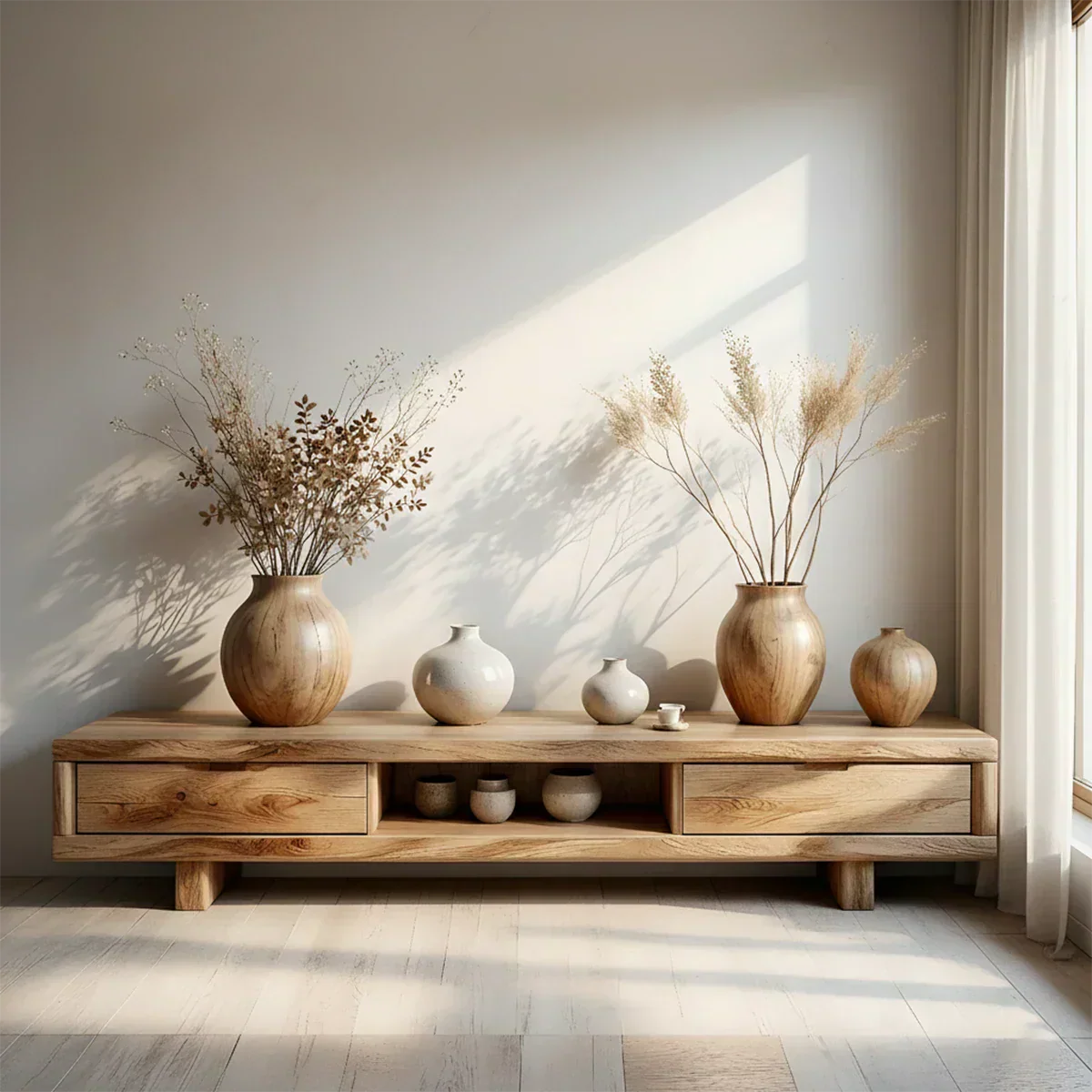 Low Solid Wood Japandi TV Stand – Minimal Zen Media Console - Rustiracraft