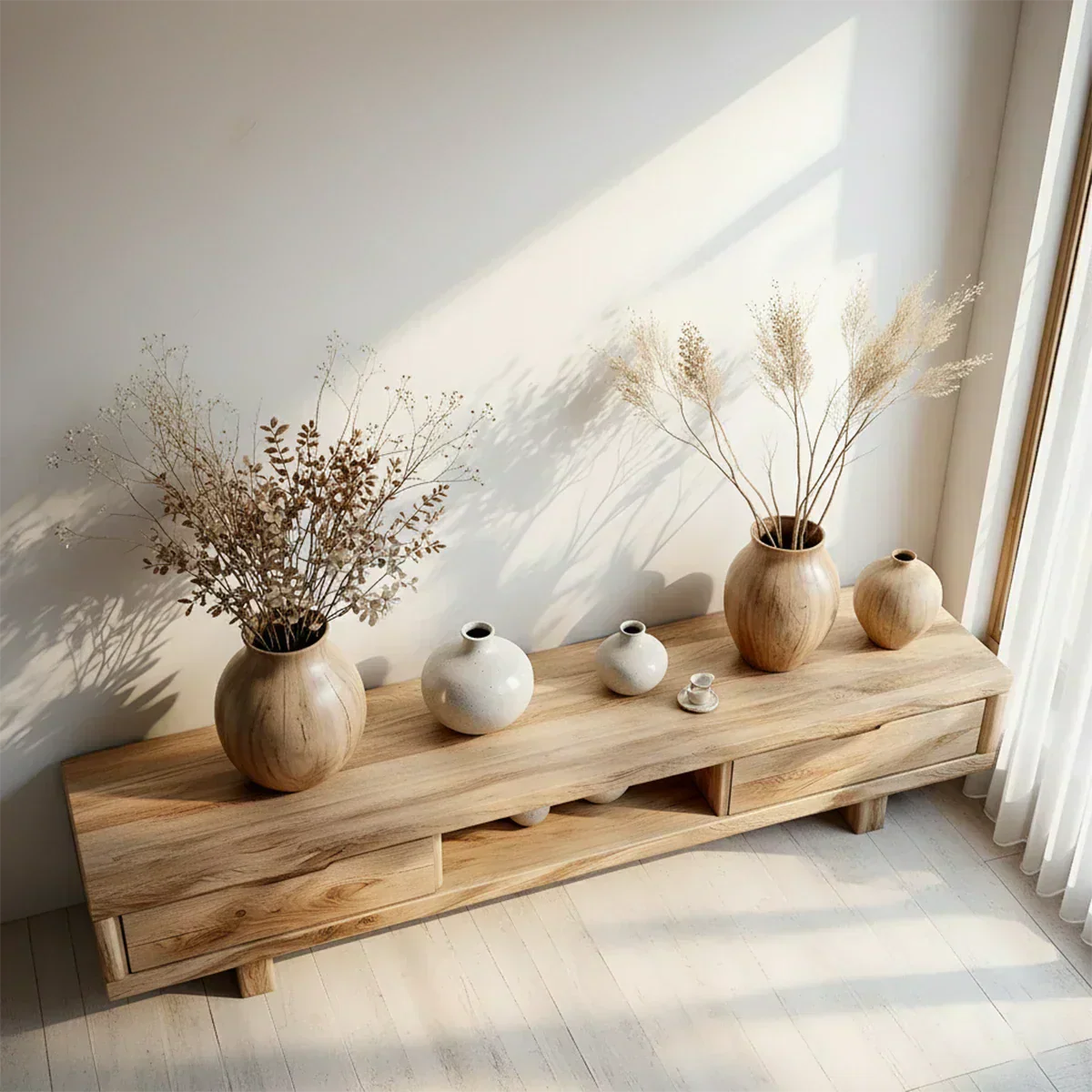 Low Solid Wood Japandi TV Stand – Minimal Zen Media Console - Rustiracraft