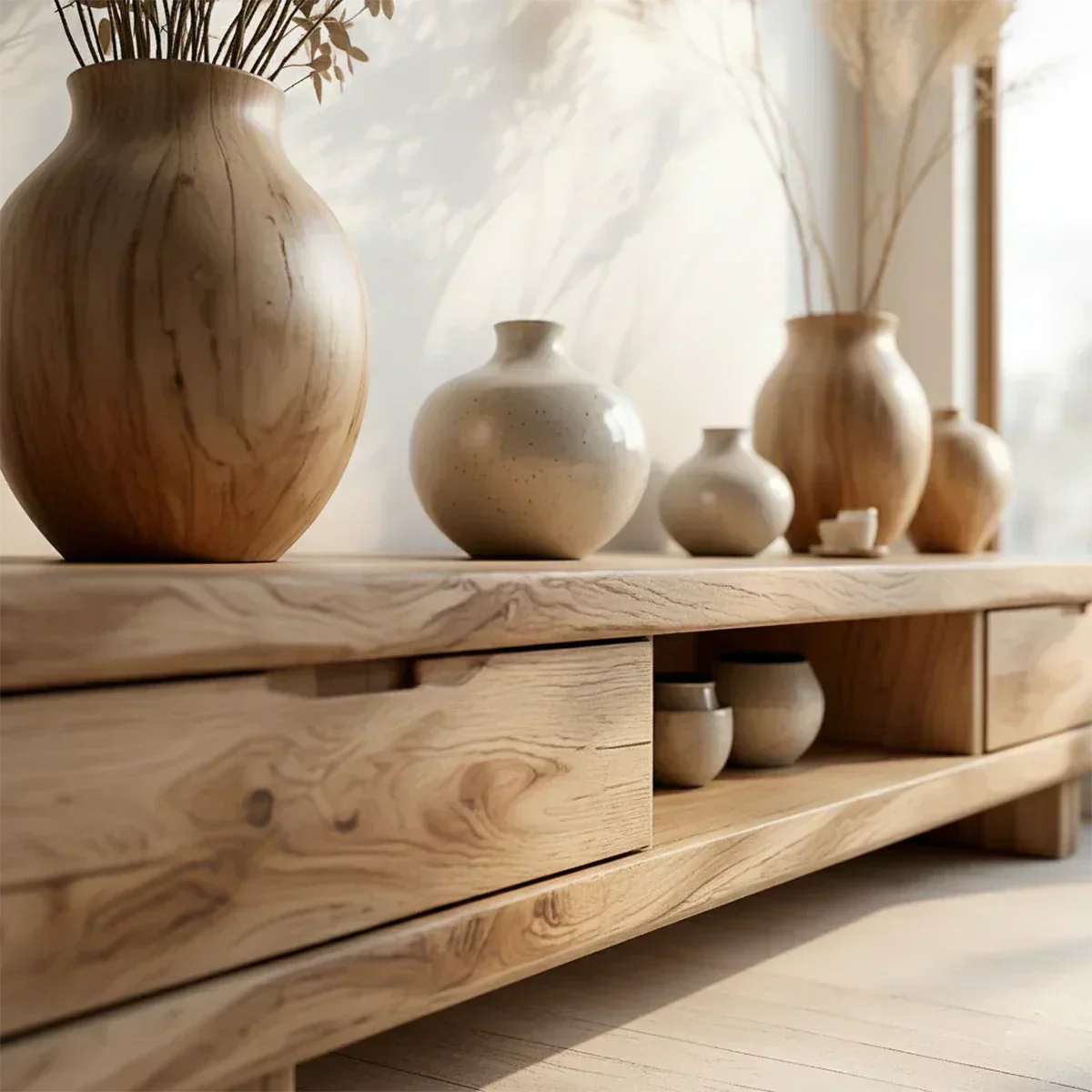 Low Solid Wood Japandi TV Stand – Minimal Zen Media Console - Rustiracraft