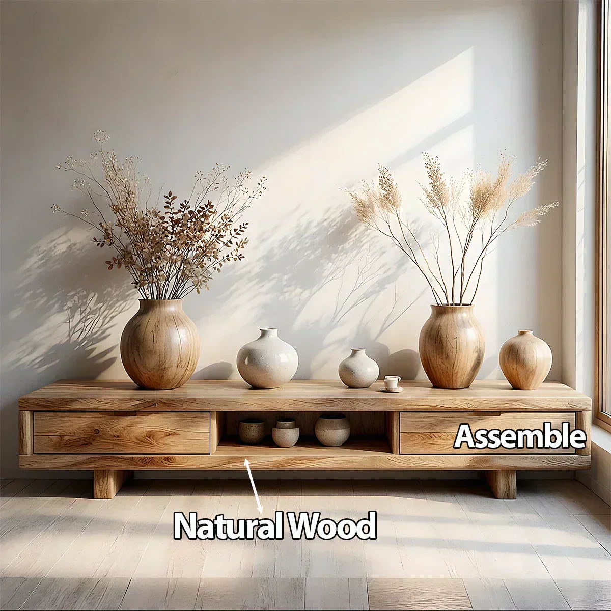 Low Solid Wood Japandi TV Stand – Minimal Zen Media Console - Rustiracraft