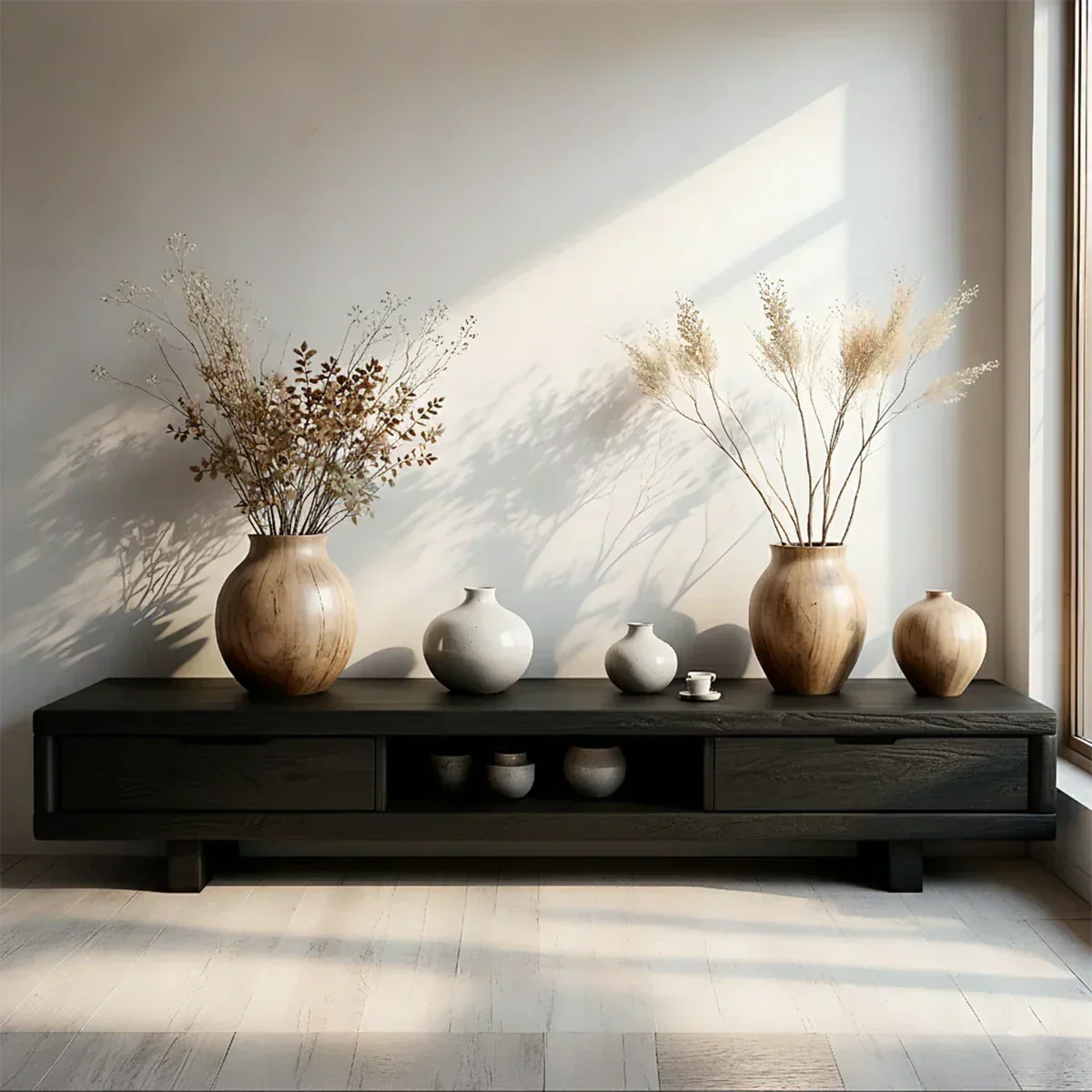 Low Solid Wood Japandi TV Stand – Minimal Zen Media Console - Rustiracraft