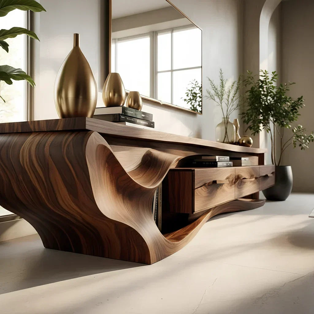 Luxury Wave-Carved Solid Wood TV Stand - Organic Modern Media Console - Rustiracraft 