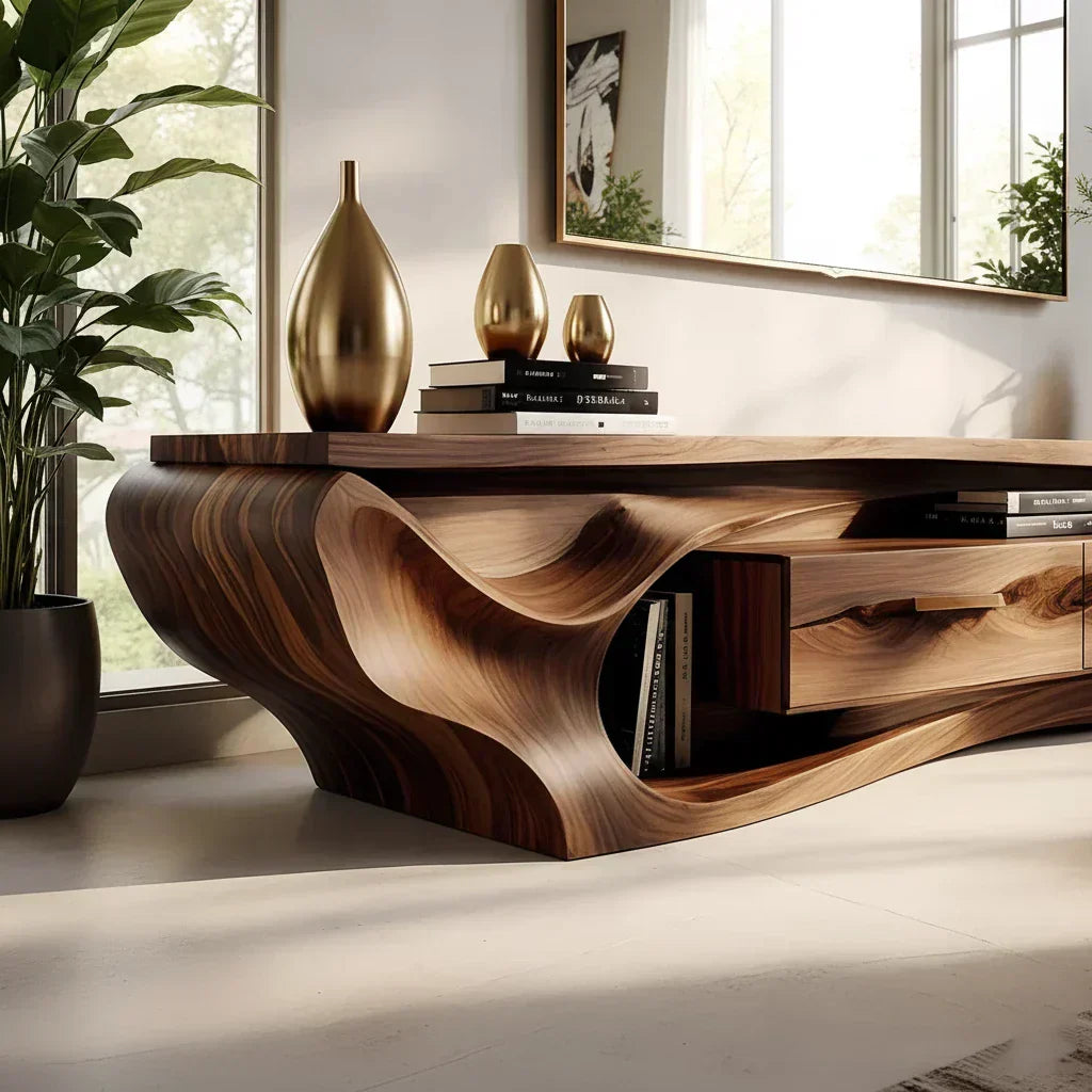 Luxury Wave-Carved Solid Wood TV Stand - Organic Modern Media Console - Rustiracraft 