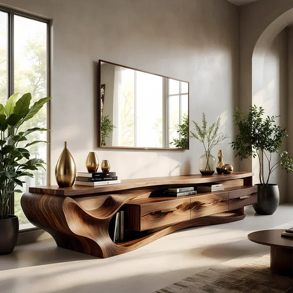 Luxury Wave-Carved Solid Wood TV Stand - Organic Modern Media Console - Rustiracraft 