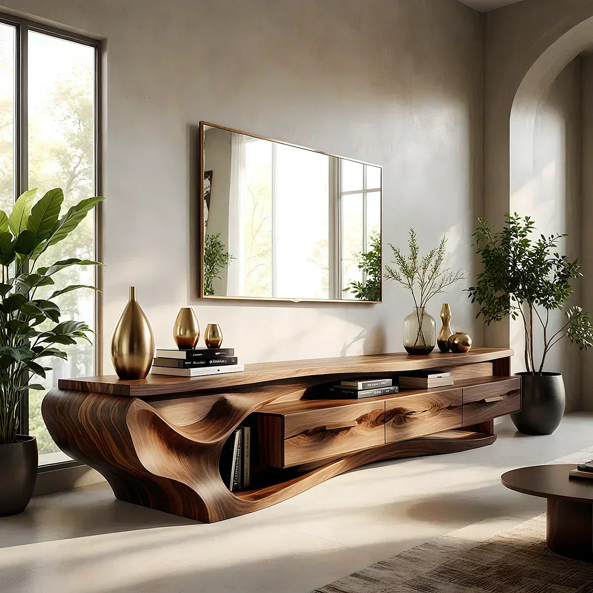 Luxury Wave-Carved Solid Wood TV Stand - Organic Modern Media Console - Rustiracraft