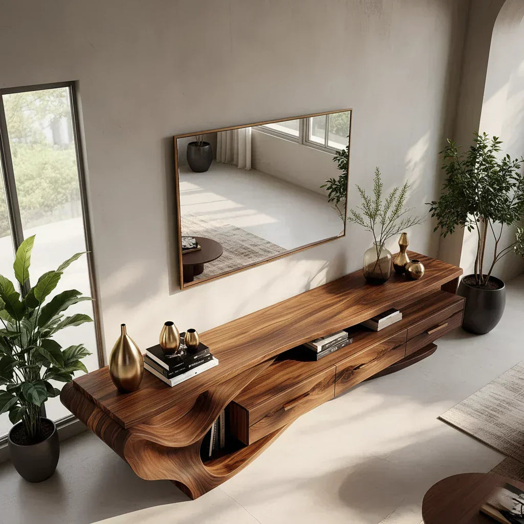 Luxury Wave-Carved Solid Wood TV Stand - Organic Modern Media Console - Rustiracraft