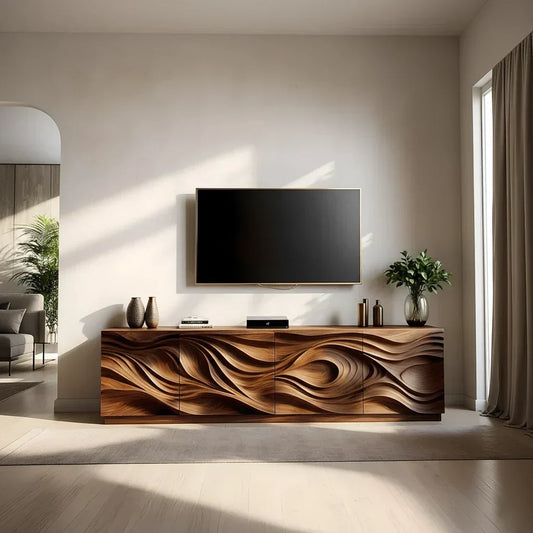 Luxury Wave Carved Solid Wood TV Stand - Sculptural Media Console - Rustiracraft 