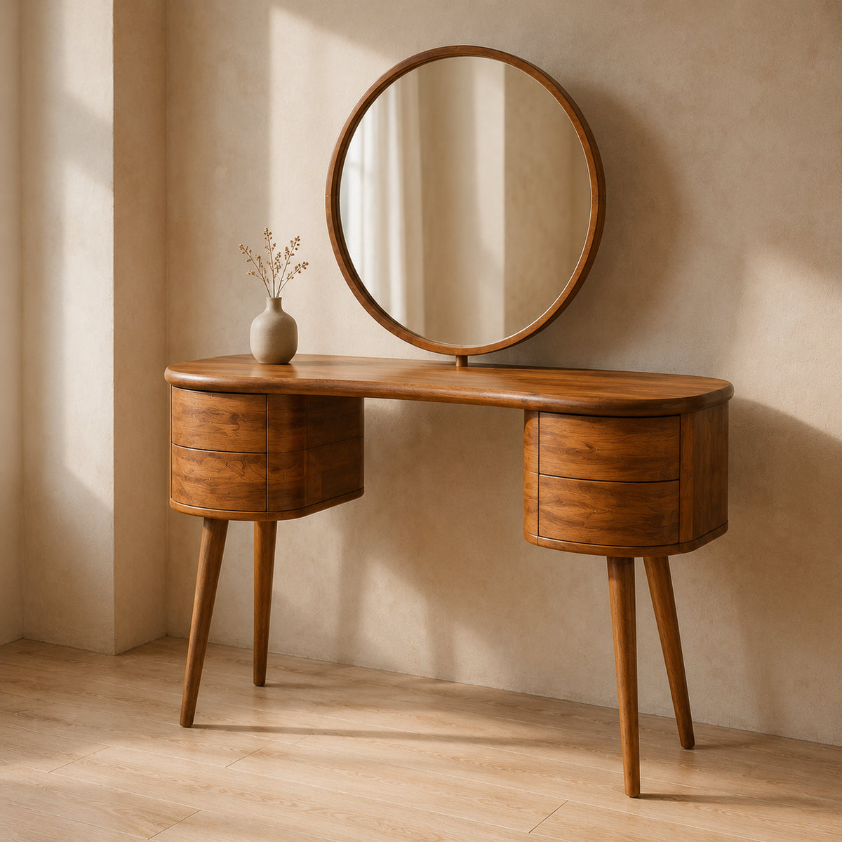 Makeup Vanity with Rounded Cylindrical Drawers in Natural Solid Wood - Rustiracraft